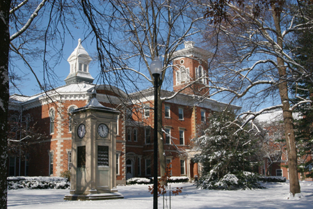 Center Hall in the winter, with Milligan Clock in the foreground