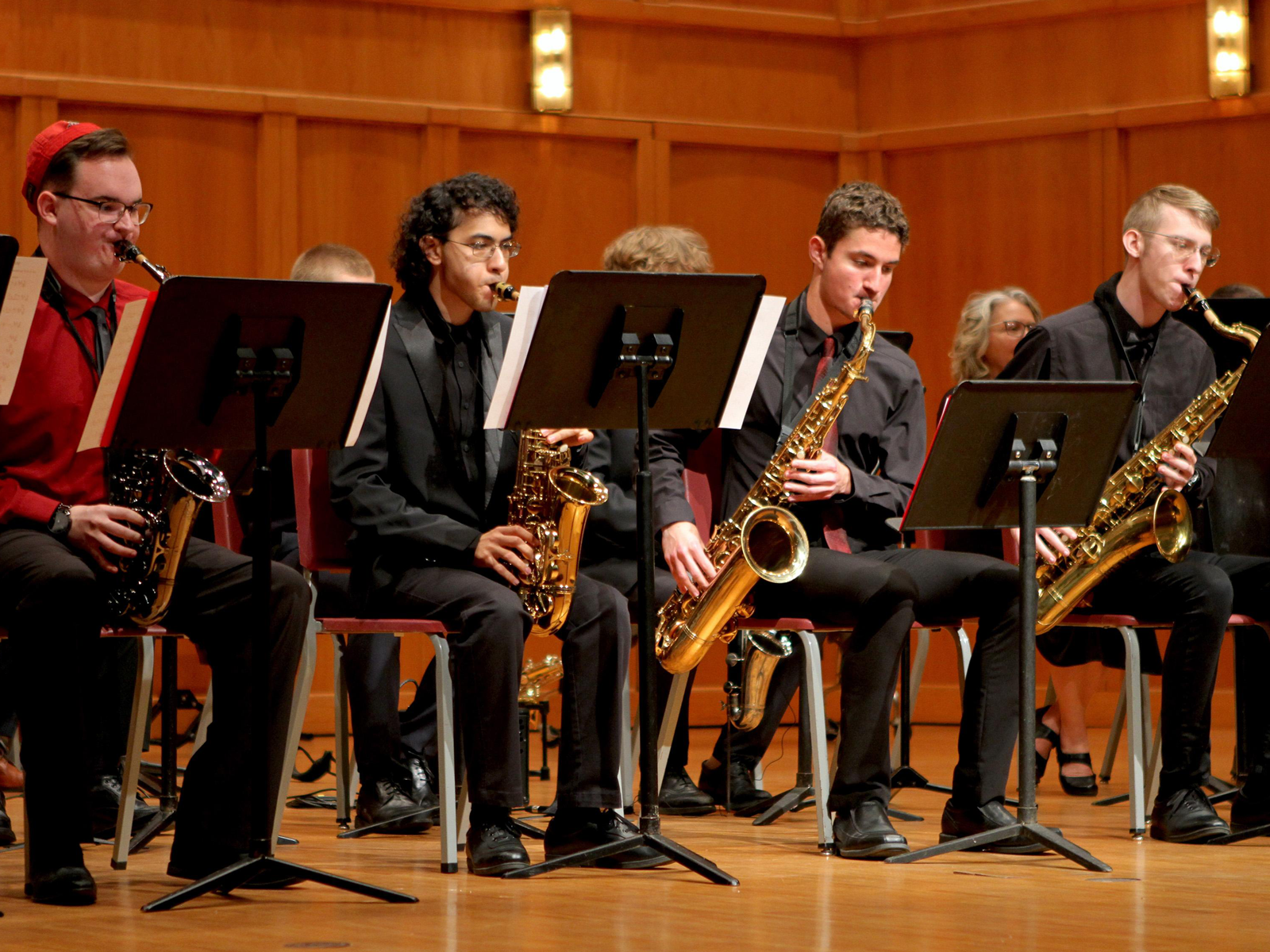 The Jazz Ensemble warms up in Salter Hall.