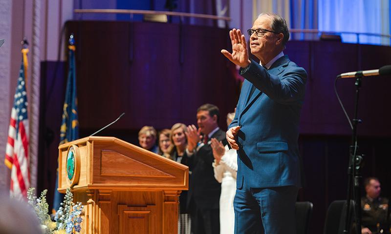 Indiana Gov. Mike Braun ’76  took the oath of office at the Hilbert Circle Theatre in Indianapolis.