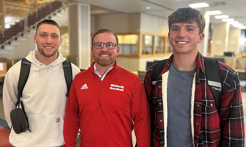 Members of the Little Giant baseball team: Ben Henke ’26, Coach Jake Martin ’03, and Caleb Ellspermann ’27.