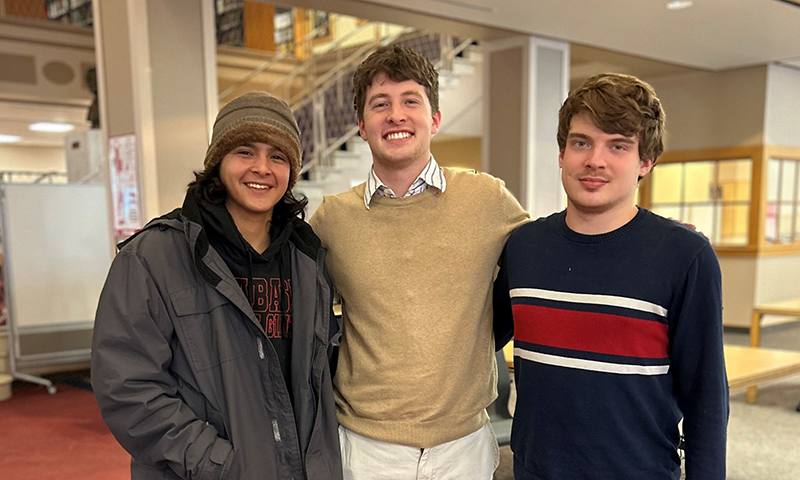 Student researchers Luis Sanchez ’25, Elijah Wetzel ’27, and Evan Baldwin ’26.