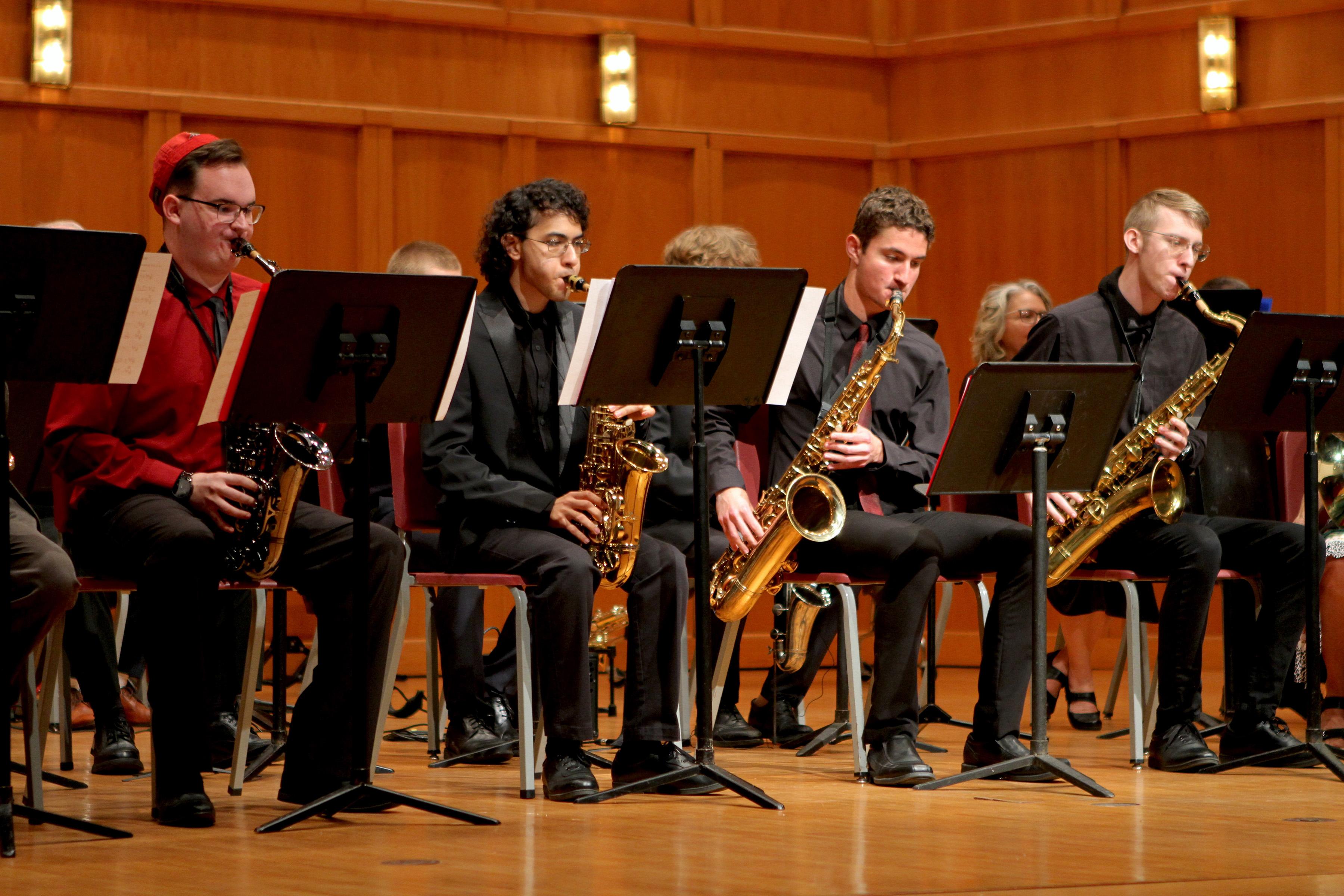 Jacome Huesca (second from left) plays the saxophone as a member of the Jazz Ensemble. 