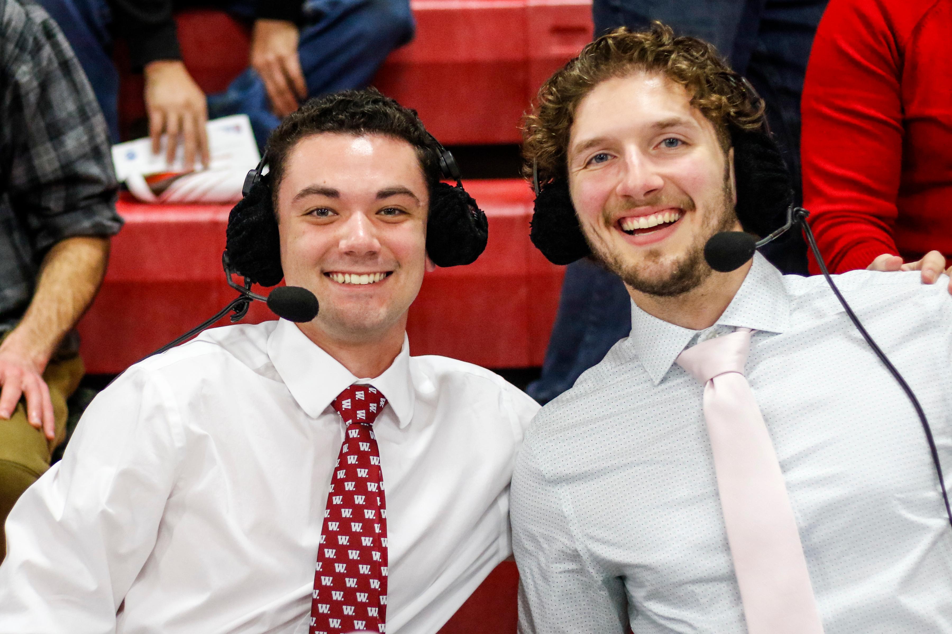 Noah and Sean Bledsoe ’26 serve as announcers for the Wabash College Video Network.