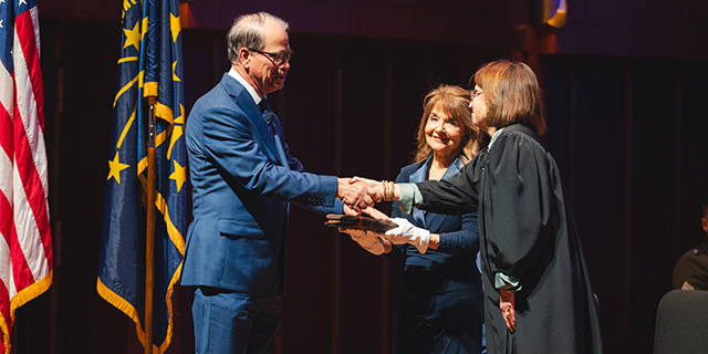 Indiana Gov. Mike Braun ’76  took the oath of office at the Hilbert Circle Theatre in Indianapolis.