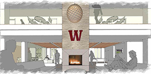 Rendering of the living room and fireplace