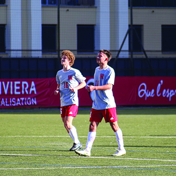 Myles Bernat ’26 and Bruno Zamora ’25 at the friendly match against Cavigal Football U18s.