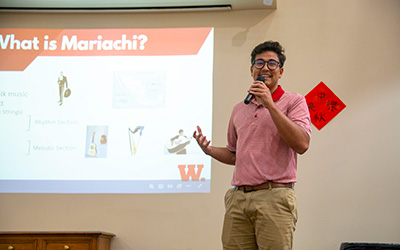 Alejandro Cruz ’27 gives a lunch talk discussing his time at the National Mariachi Conference in Las Vegas and his vision for the future of mariachi at Wabash.