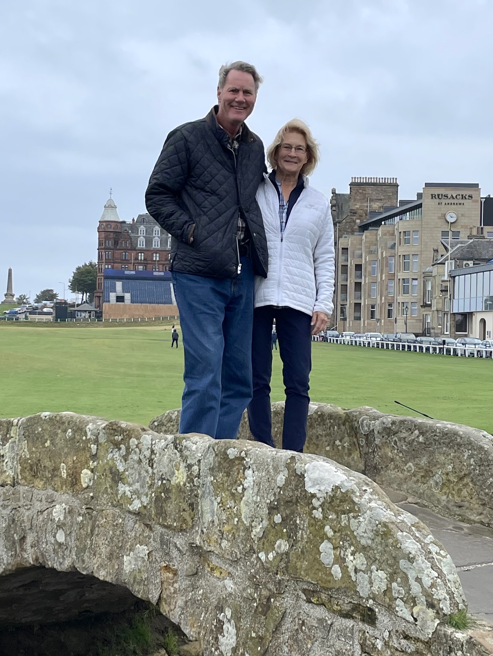 Ray ’78 and Anne LaDriere in 2024 visiting St. Andrews with Anne's Harlaxton College roommates.